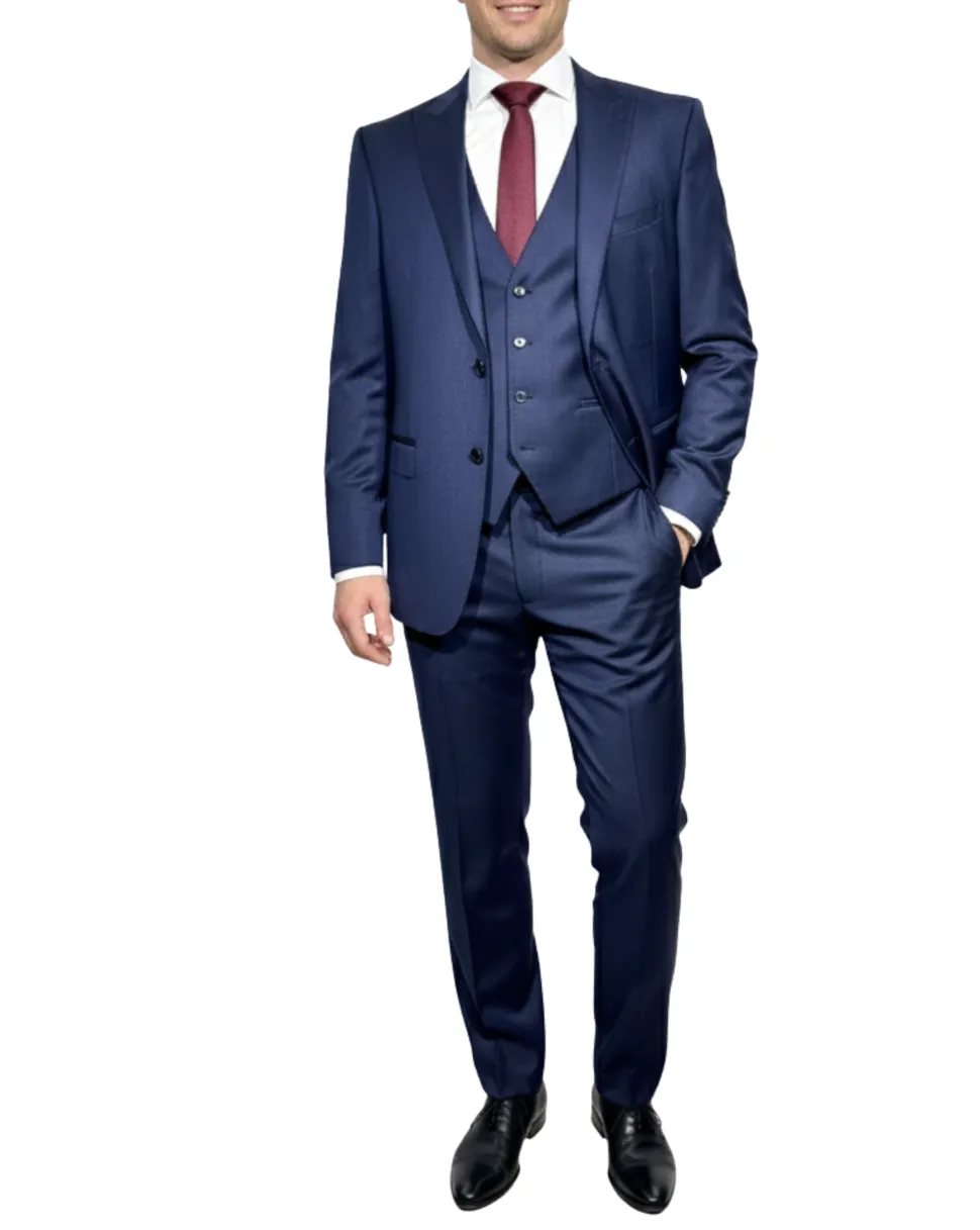 Corneliani Mens Navy Textured Fully-Canvassed Peak Lapel Slim Fit 3-Piece Wool Suit - 46L