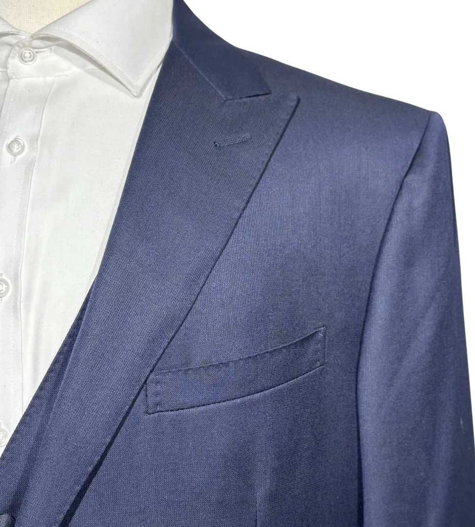 Corneliani Mens Navy Textured Fully-Canvassed Peak Lapel Slim Fit 3-Piece Wool Suit - 46L