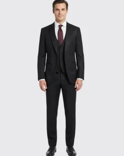 Corneliani Mens Solid Black Fully-Canvassed Peak Lapel Slim Fit 3-Piece Wool Tuxedo Suit - 42R