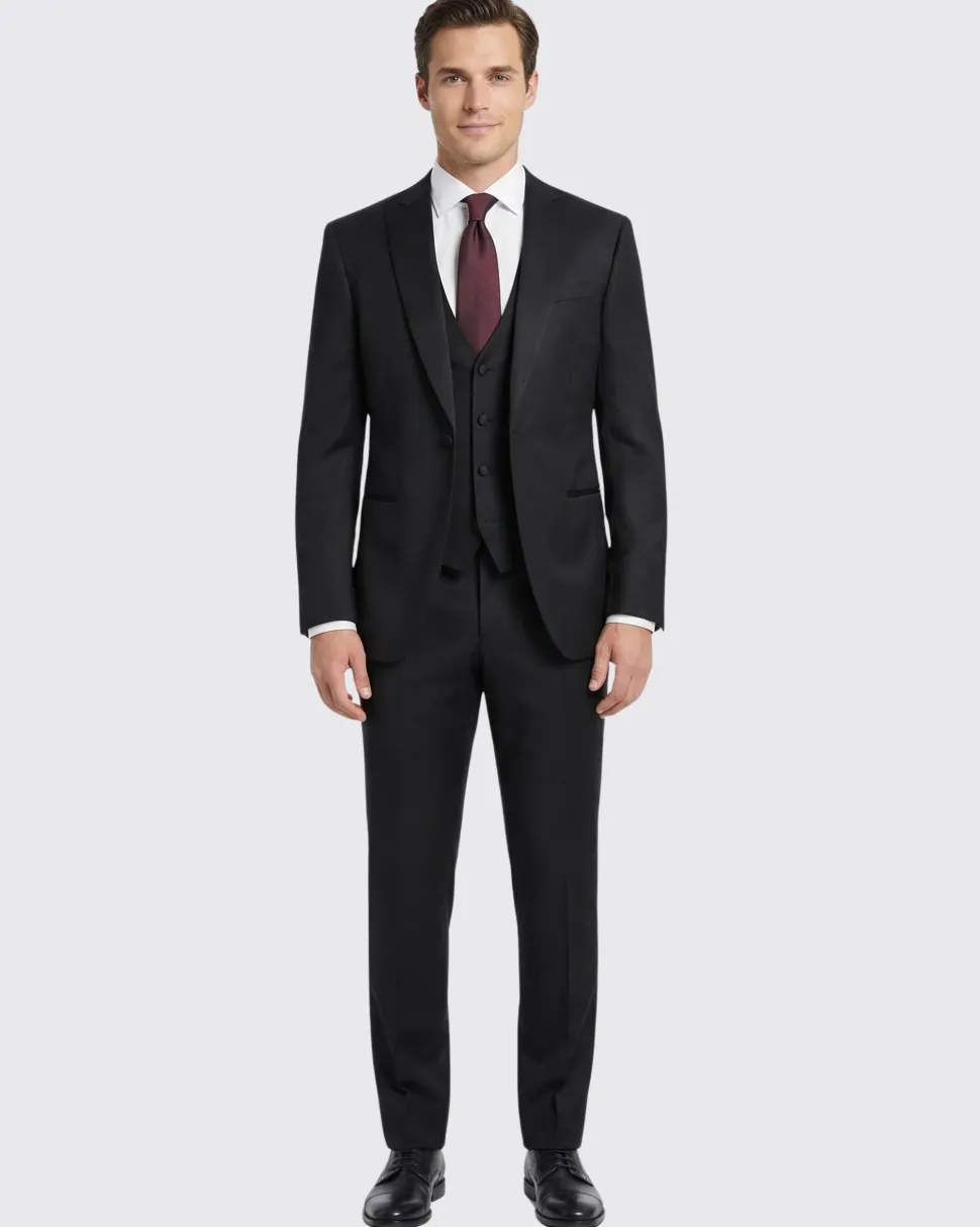 Corneliani Mens Solid Black Fully-Canvassed Peak Lapel Slim Fit 3-Piece Wool Tuxedo Suit - 42R
