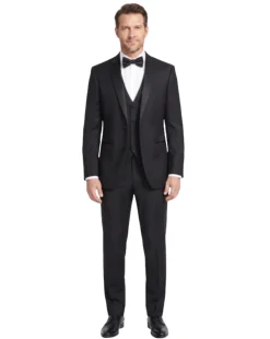 Corneliani Mens Solid Black Fully-Canvassed Shawl Lapel Classic Fit 3-Piece Wool Tuxedo - 38R