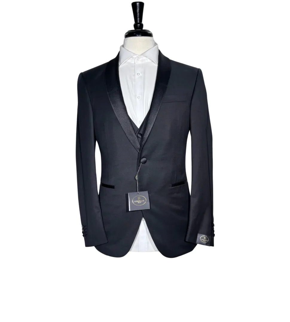 Corneliani Mens Solid Black Fully-Canvassed Shawl Lapel Classic Fit 3-Piece Wool Tuxedo - 38R