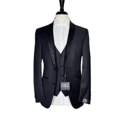 Corneliani Mens Solid Black Fully-Canvassed Shawl Lapel Classic Fit 3-Piece Wool Tuxedo - 38R