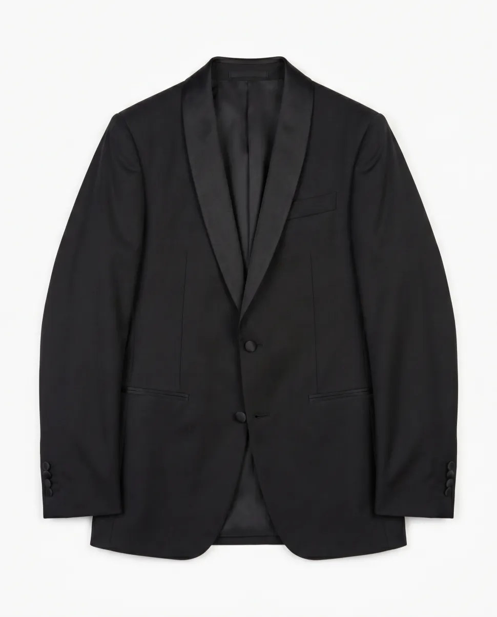 Corneliani Mens Solid Black Fully-Canvassed Shawl Lapel Slim Fit 3-Piece Wool Tuxedo - 38R