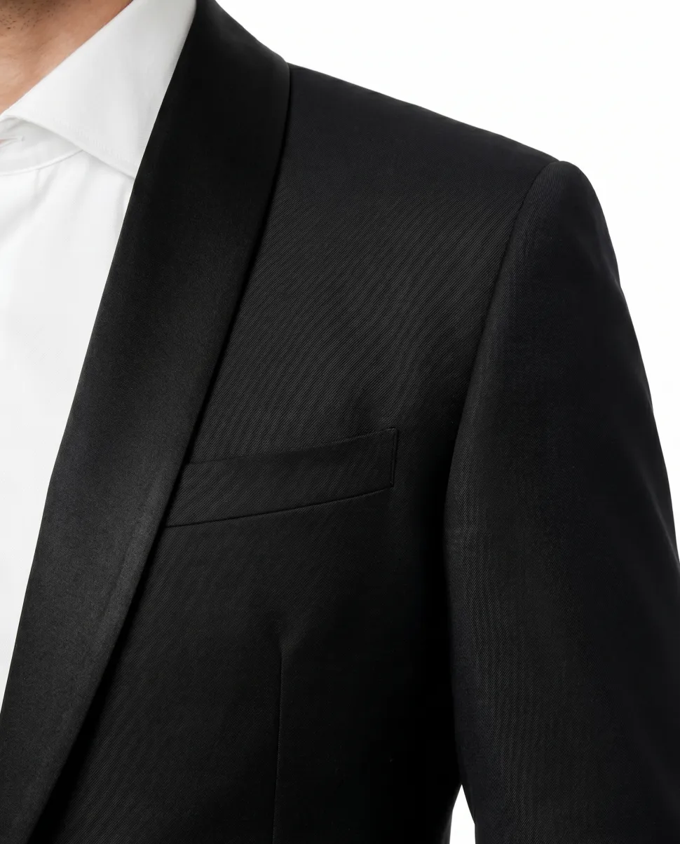 Corneliani Mens Solid Black Fully-Canvassed Shawl Lapel Slim Fit 3-Piece Wool Tuxedo - 38R