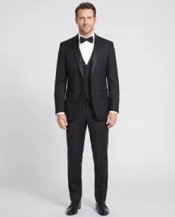 Corneliani Mens Solid Black Fully-Canvassed Shawl Lapel Slim Fit 3-Piece Wool Tuxedo - 38R