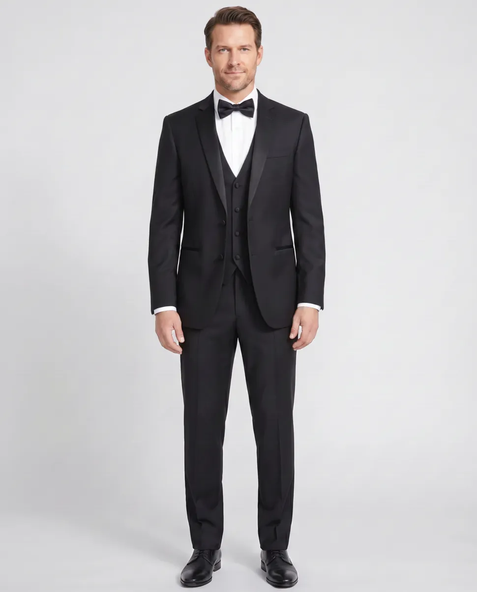 Corneliani Mens Solid Black Fully-Canvassed Shawl Lapel Slim Fit 3-Piece Wool Tuxedo - 38R