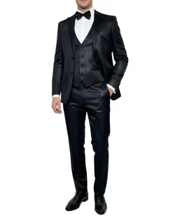Corneliani Mens Solid Black Fully-Canvassed Peak Lapel Slim Fit 3-Piece Wool Silk Tuxedo - 40R