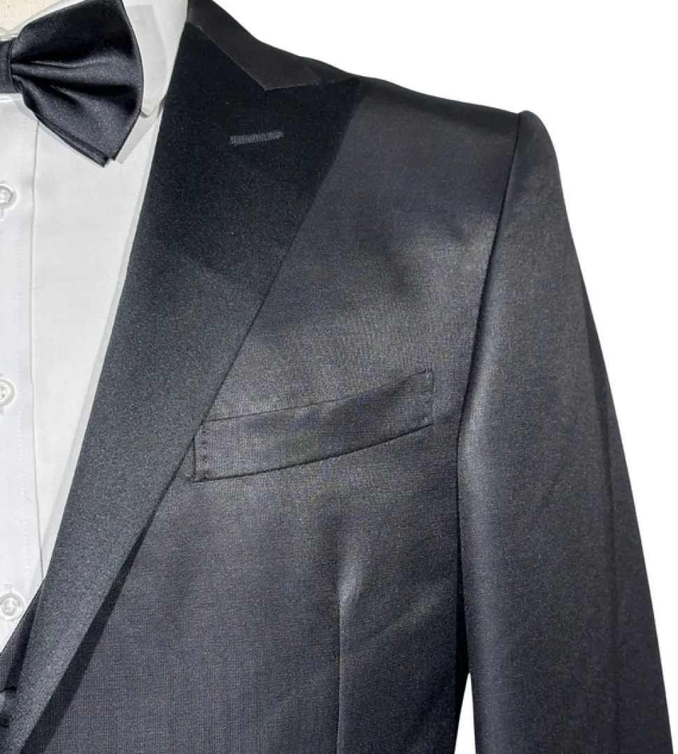 Corneliani Mens Solid Black Fully-Canvassed Peak Lapel Slim Fit 3-Piece Wool Silk Tuxedo - 40R