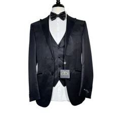 Corneliani Mens Solid Black Fully-Canvassed Peak Lapel Slim Fit 3-Piece Wool Silk Tuxedo - 40R
