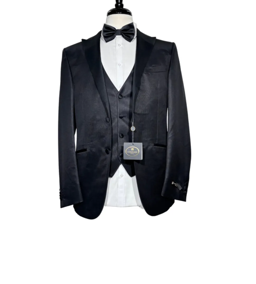 Corneliani Mens Solid Black Fully-Canvassed Peak Lapel Slim Fit 3-Piece Wool Silk Tuxedo - 40R