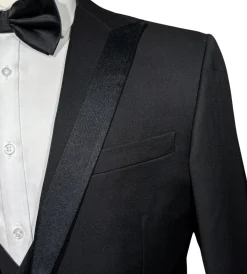 Corneliani Mens Solid Black Fully-Canvassed Satin Split Peak Lapel Slim Fit 3-Piece Wool Tuxedo - 36R