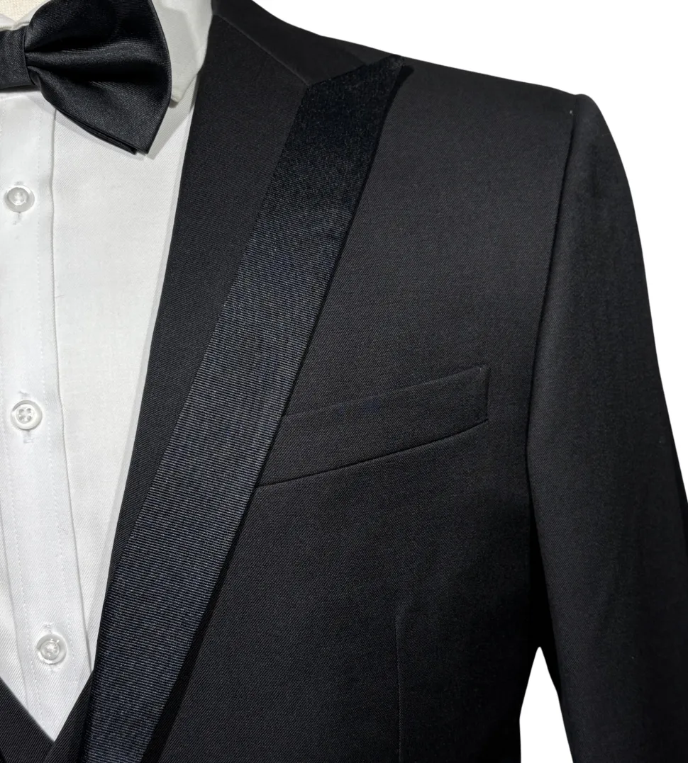 Corneliani Mens Solid Black Fully-Canvassed Satin Split Peak Lapel Slim Fit 3-Piece Wool Tuxedo - 38R