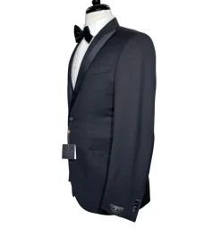 Corneliani Mens Solid Black Fully-Canvassed Satin Split Peak Lapel Slim Fit 3-Piece Wool Tuxedo - 38R