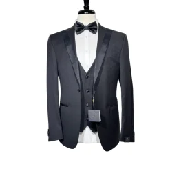 Corneliani Mens Solid Black Fully-Canvassed Satin Split Peak Lapel Slim Fit 3-Piece Wool Tuxedo - 38R