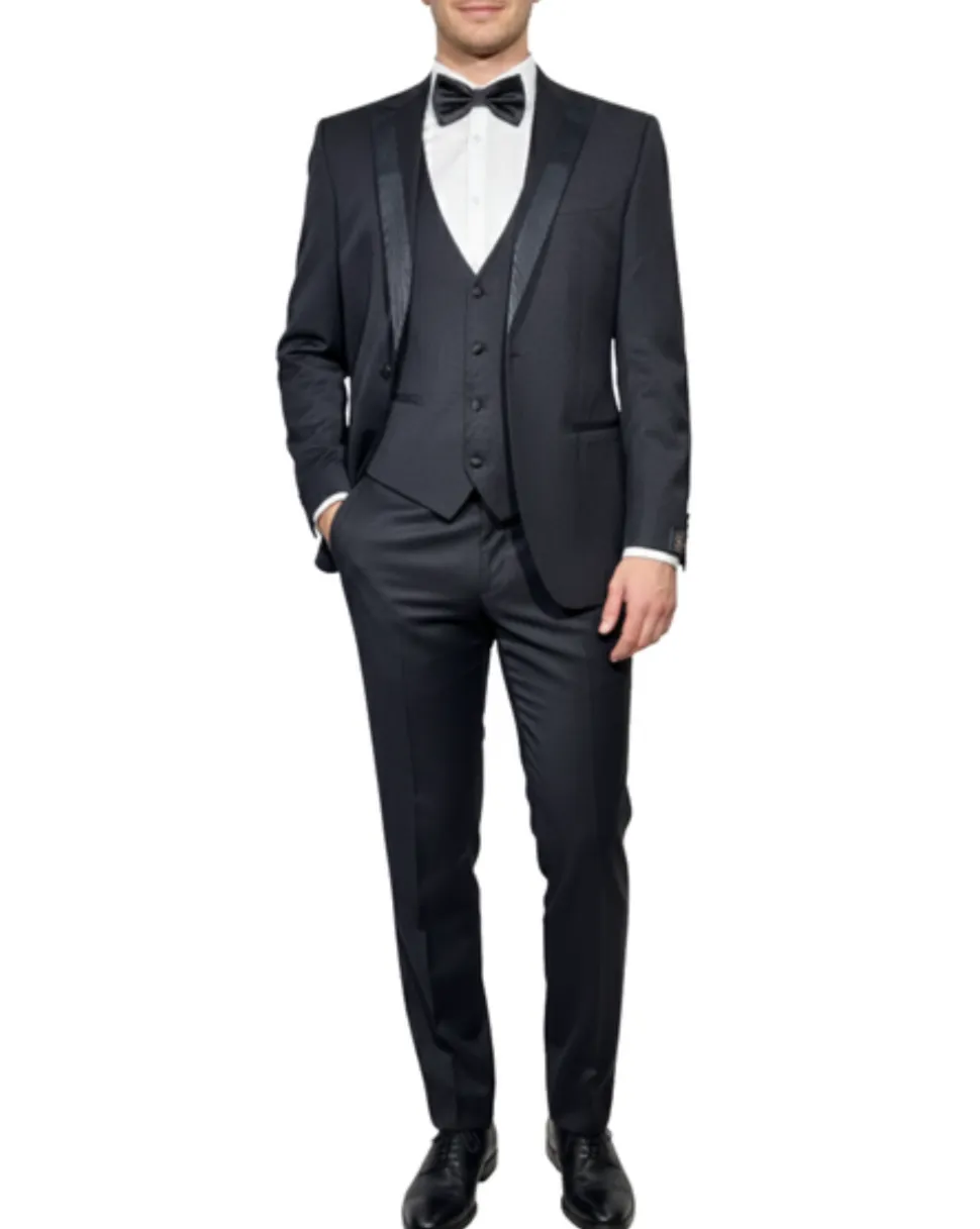 Corneliani Mens Solid Black Fully-Canvassed Satin Split Peak Lapel Slim Fit 3-Piece Wool Tuxedo - 38R