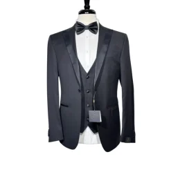 Corneliani Mens Solid Black Fully-Canvassed Satin Split Peak Lapel Slim Fit 3-Piece Wool Tuxedo - 40R