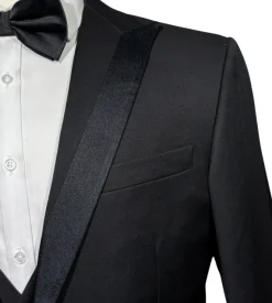 Corneliani Mens Solid Black Fully-Canvassed Satin Split Peak Lapel Slim Fit 3-Piece Wool Tuxedo - 40R