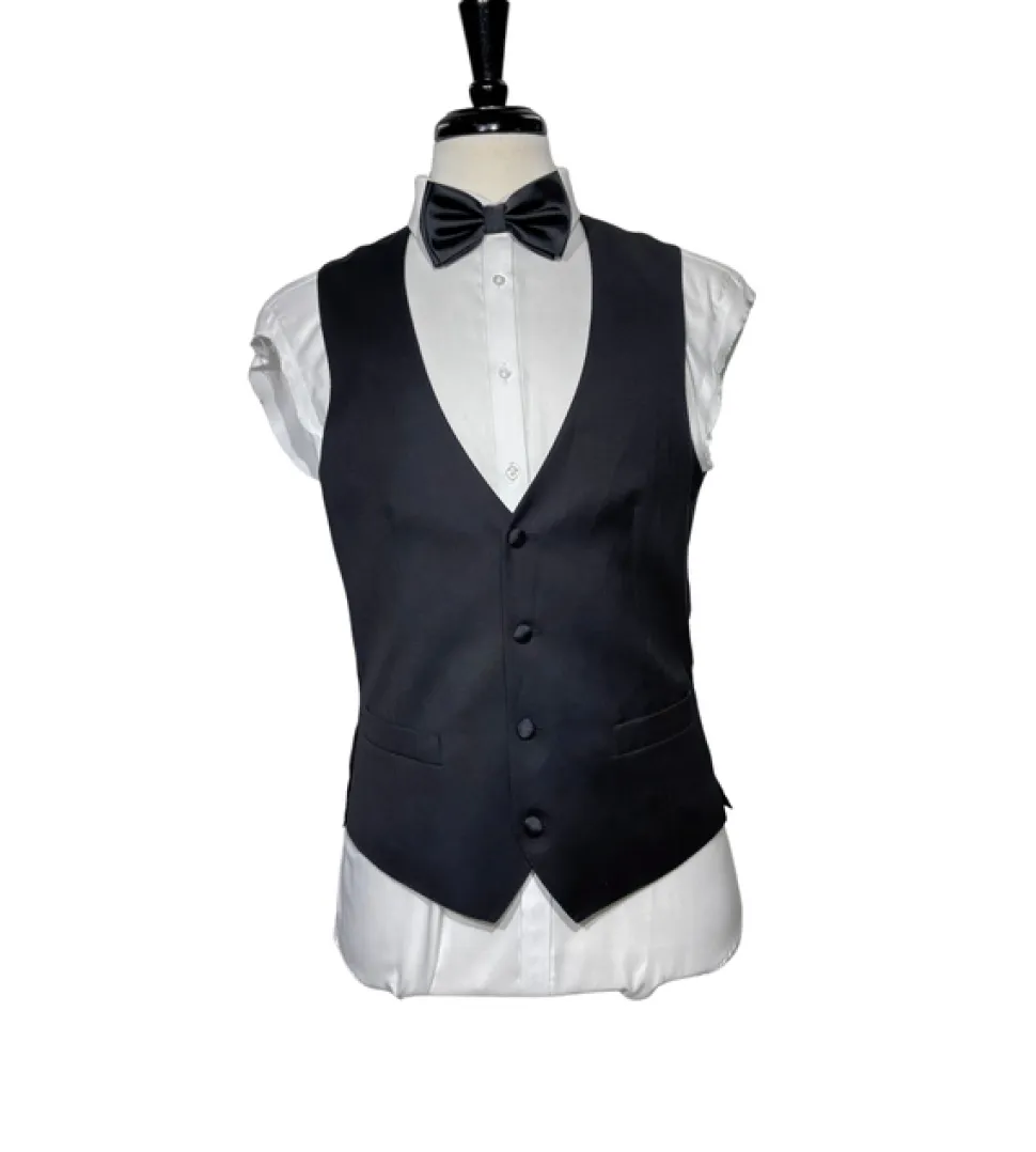Corneliani Mens Solid Black Fully-Canvassed Satin Split Peak Lapel Slim Fit 3-Piece Wool Tuxedo - 40R