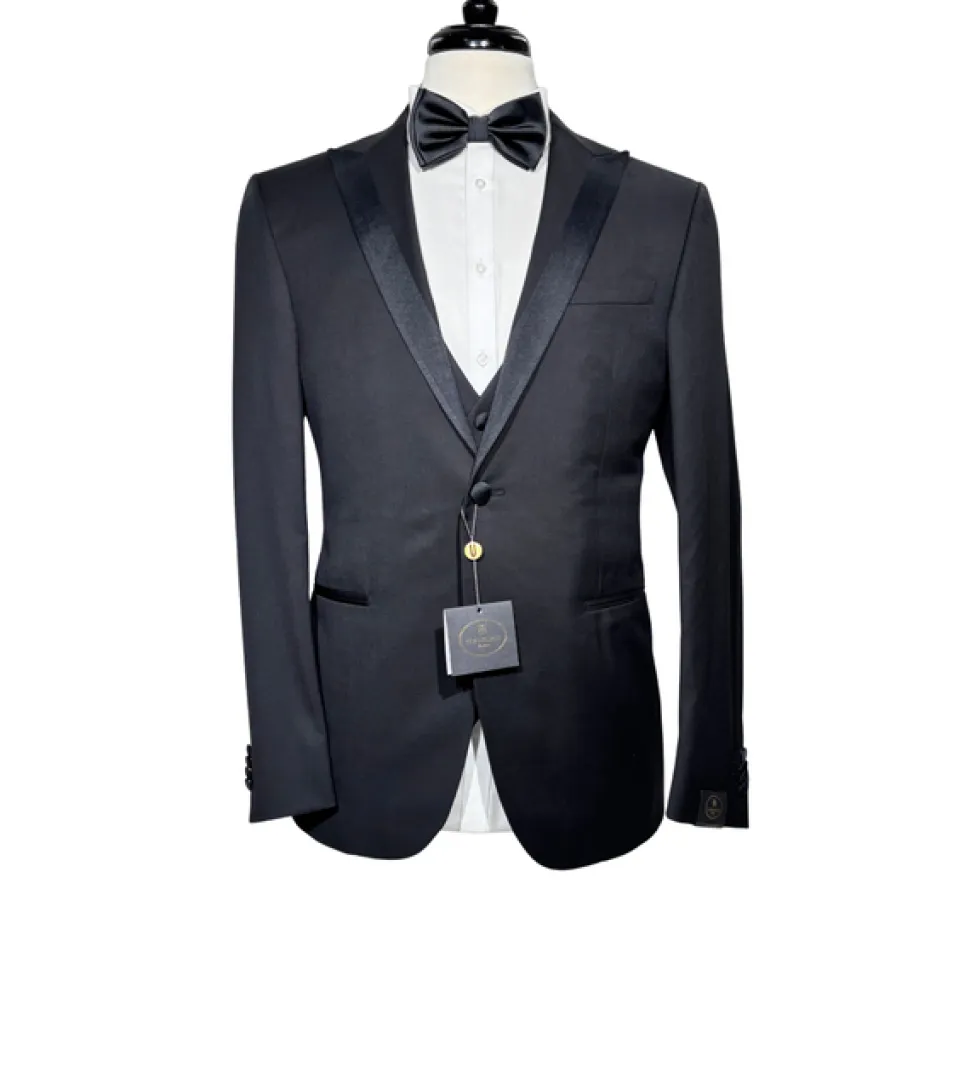 Corneliani Mens Solid Black Fully-Canvassed Satin Split Peak Lapel Slim Fit 3-Piece Wool Tuxedo - 40R