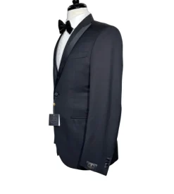 Corneliani Mens Solid Black Fully-Canvassed Satin Split Peak Lapel Slim Fit 3-Piece Wool Tuxedo - 40R