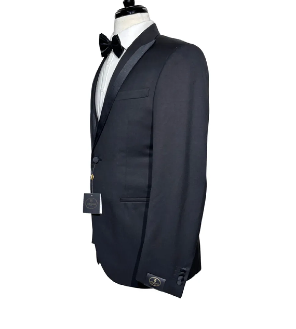 Corneliani Mens Solid Black Fully-Canvassed Satin Split Peak Lapel Slim Fit 3-Piece Wool Tuxedo - 40R