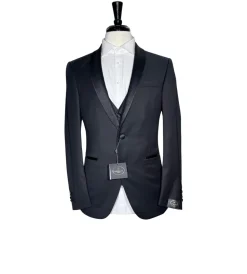 Corneliani Mens Solid Black Fully-Canvassed Shawl Lapel Classic Fit 3-Piece Wool Tuxedo - 38R