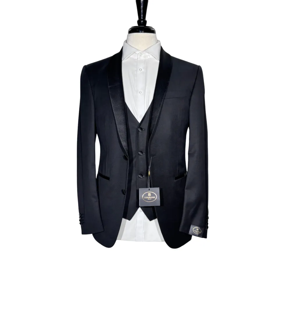 Corneliani Mens Solid Black Fully-Canvassed Shawl Lapel Classic Fit 3-Piece Wool Tuxedo - 38R
