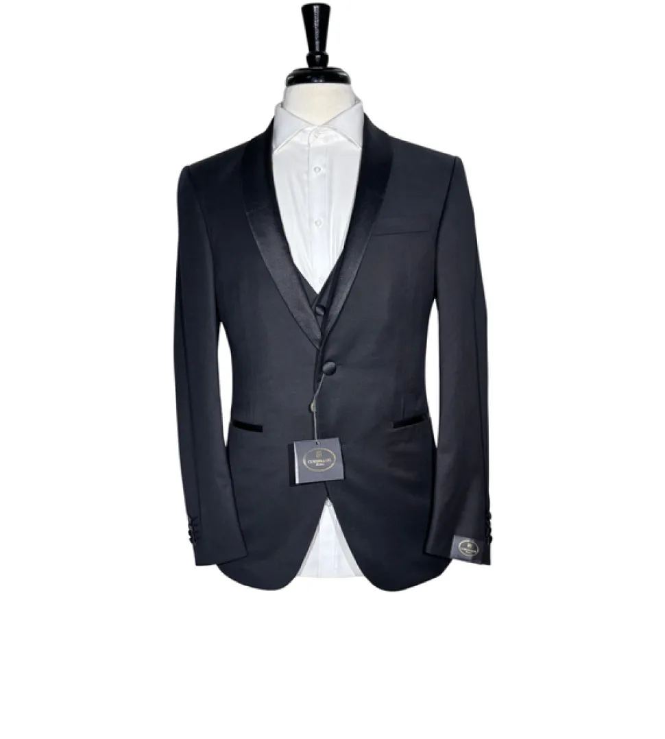 Corneliani Mens Solid Black Fully-Canvassed Shawl Lapel Classic Fit 3-Piece Wool Tuxedo - 38R
