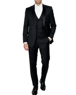 Corneliani Mens Solid Black Fully-Canvassed Shawl Lapel Classic Fit 3-Piece Wool Tuxedo - 38R