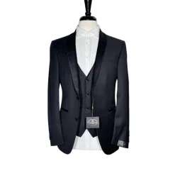 Corneliani Mens Solid Black Fully-Canvassed Shawl Lapel Classic Fit 3-Piece Wool Tuxedo - 38R