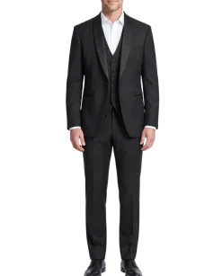Corneliani Mens Solid Black Fully-Canvassed Shawl Lapel Classic Fit 3-Piece Wool Silk Tuxedo - 36S