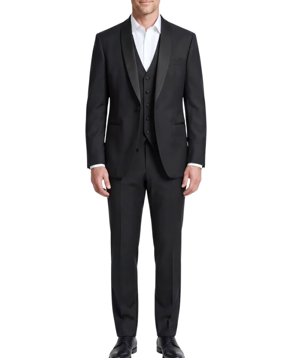 Corneliani Mens Solid Black Fully-Canvassed Shawl Lapel Classic Fit 3-Piece Wool Silk Tuxedo - 36S