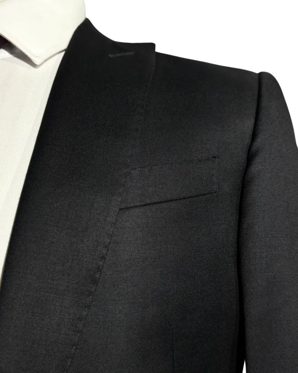 Corneliani Mens Solid Black Fully-Canvassed Peak Lapel Classic Fit 3-Piece Wool Tuxedo Suit - 36S