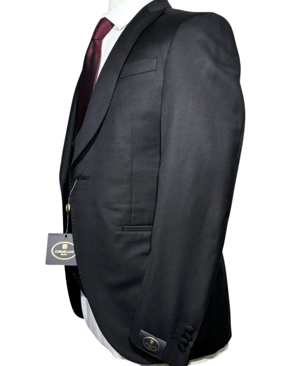 Corneliani Mens Solid Black Fully-Canvassed Peak Lapel Classic Fit 3-Piece Wool Tuxedo Suit - 36S