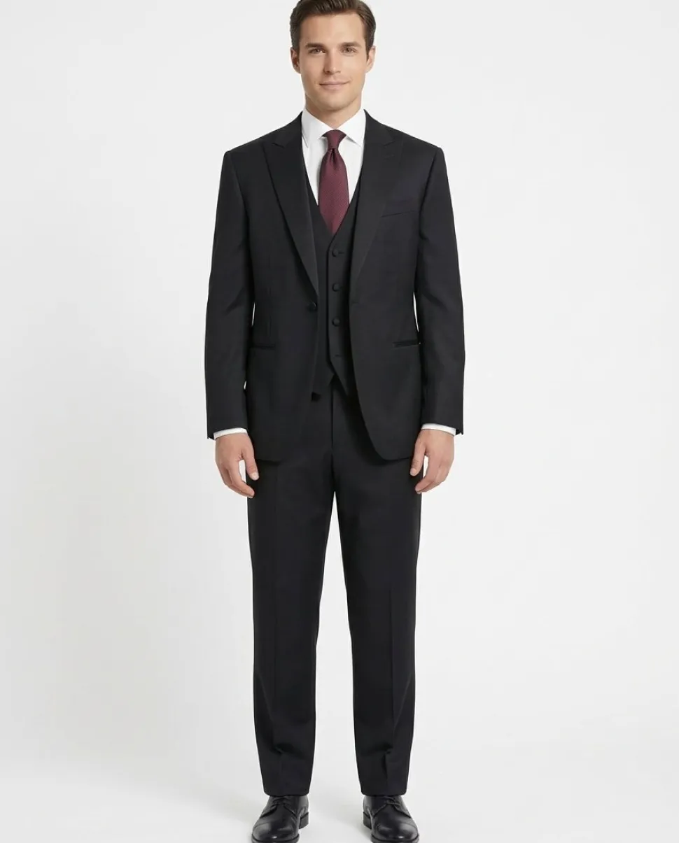 Corneliani Mens Solid Black Fully-Canvassed Peak Lapel Classic Fit 3-Piece Wool Tuxedo Suit - 36S