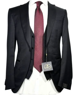 Corneliani Mens Solid Black Fully-Canvassed Peak Lapel Classic Fit 3-Piece Wool Tuxedo Suit - 36S