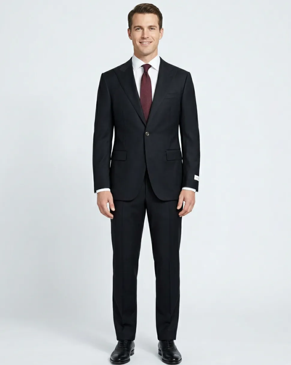 Corneliani Mens Solid Black Fully-Canvassed Peak Lapels Classic Fit 1-Button Wool Blend Suit - 38L