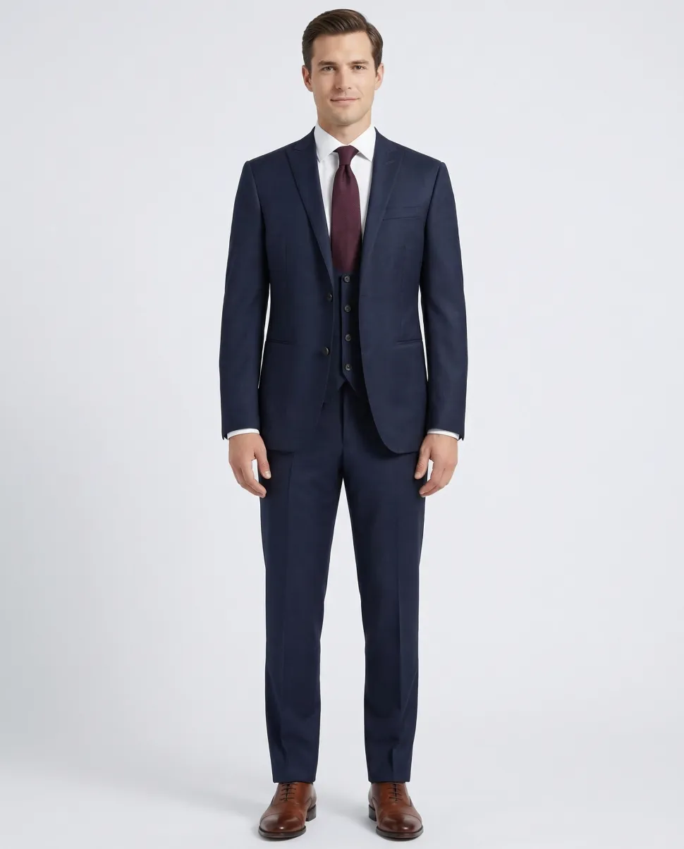 Corneliani Mens Solid Midnight Blue Fully-Canvassed Peak Lapels Slim Fit 3-Piece Wool Suit - 38R