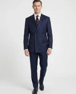 Corneliani Mens Solid Navy Blue Fully-Canvassed Peak Lapels Slim Fit Double Breasted Wool Suit - 42R