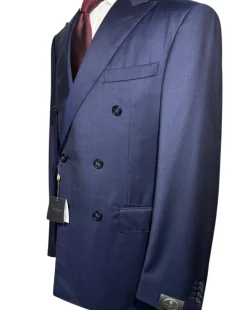 Corneliani Mens Solid Navy Blue Fully-Canvassed Peak Lapels Slim Fit Double Breasted Wool Suit - 42R