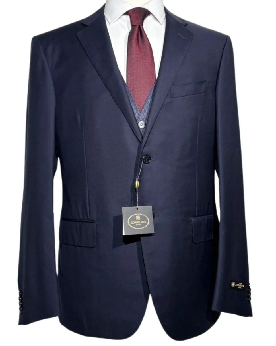 Corneliani Mens Solid Navy Blue Fully-Canvassed Notch Lapel Slim Fit 3-Piece Wool Suit - 44R