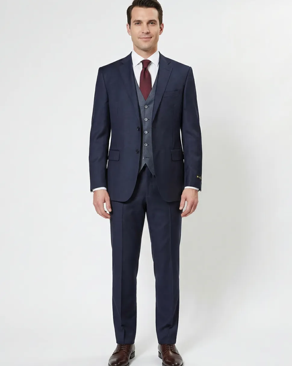 Corneliani Mens Solid Navy Blue Fully-Canvassed Notch Lapel Slim Fit 3-Piece Wool Suit - 44R