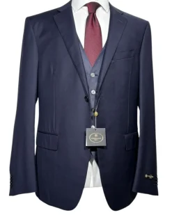 Corneliani Mens Solid Navy Blue Fully-Canvassed Notch Lapel Slim Fit 3-Piece Wool Suit - 44R