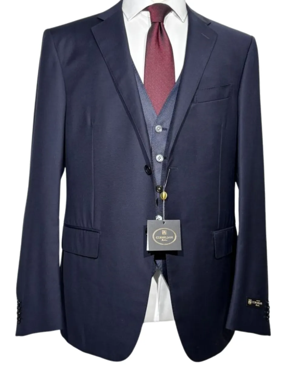 Corneliani Mens Solid Navy Blue Fully-Canvassed Notch Lapel Slim Fit 3-Piece Wool Suit - 44R