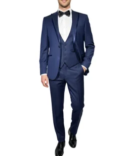 Corneliani Mens Solid Navy Fully-Canvassed Peak Lapel Slim Fit 3-Piece Wool Tuxedo Suit - 36R