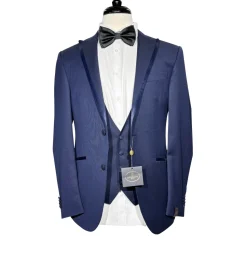 Corneliani Mens Solid Navy Fully-Canvassed Peak Lapel Slim Fit 3-Piece Wool Tuxedo Suit - 36R