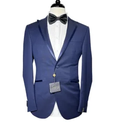 Corneliani Mens Solid Navy Fully-Canvassed Peak Lapel Slim Fit 3-Piece Wool Tuxedo Suit - 36R
