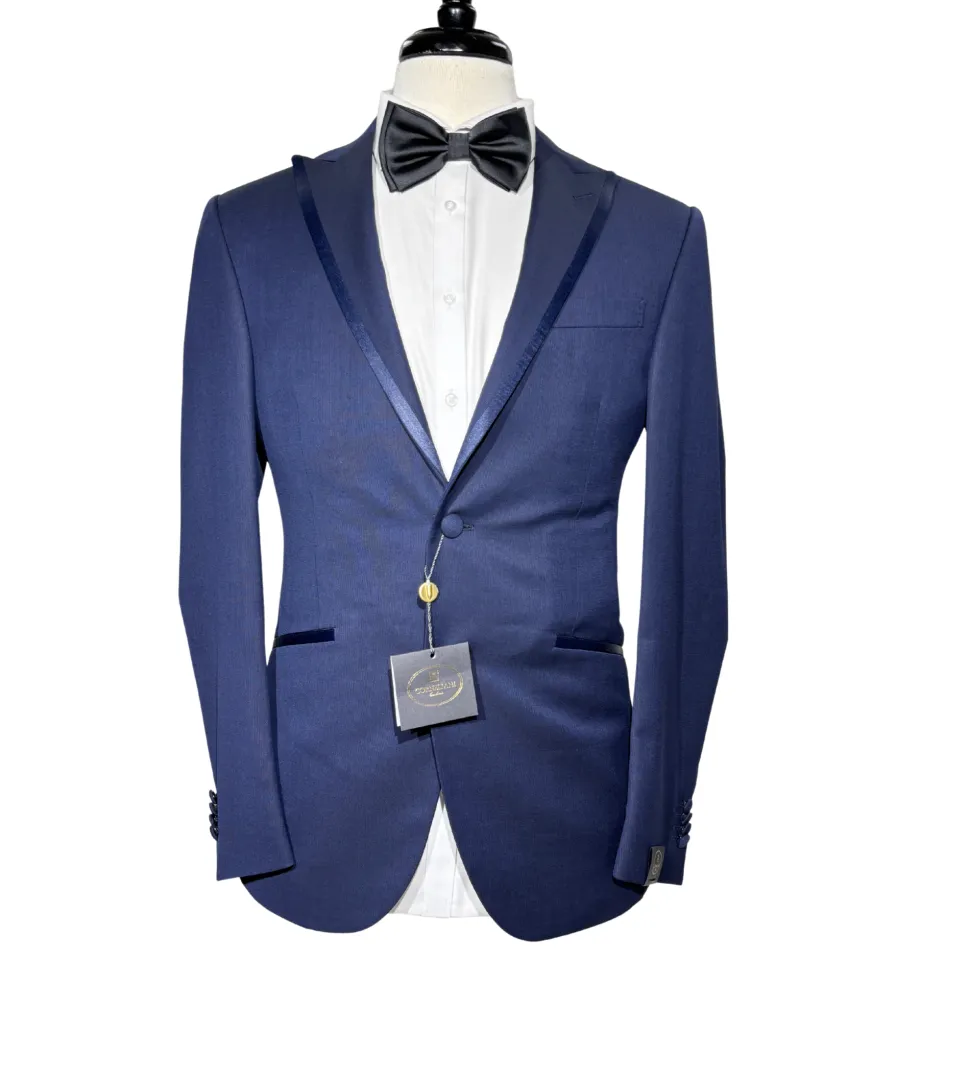 Corneliani Mens Solid Navy Fully-Canvassed Peak Lapel Slim Fit 3-Piece Wool Tuxedo Suit - 36R