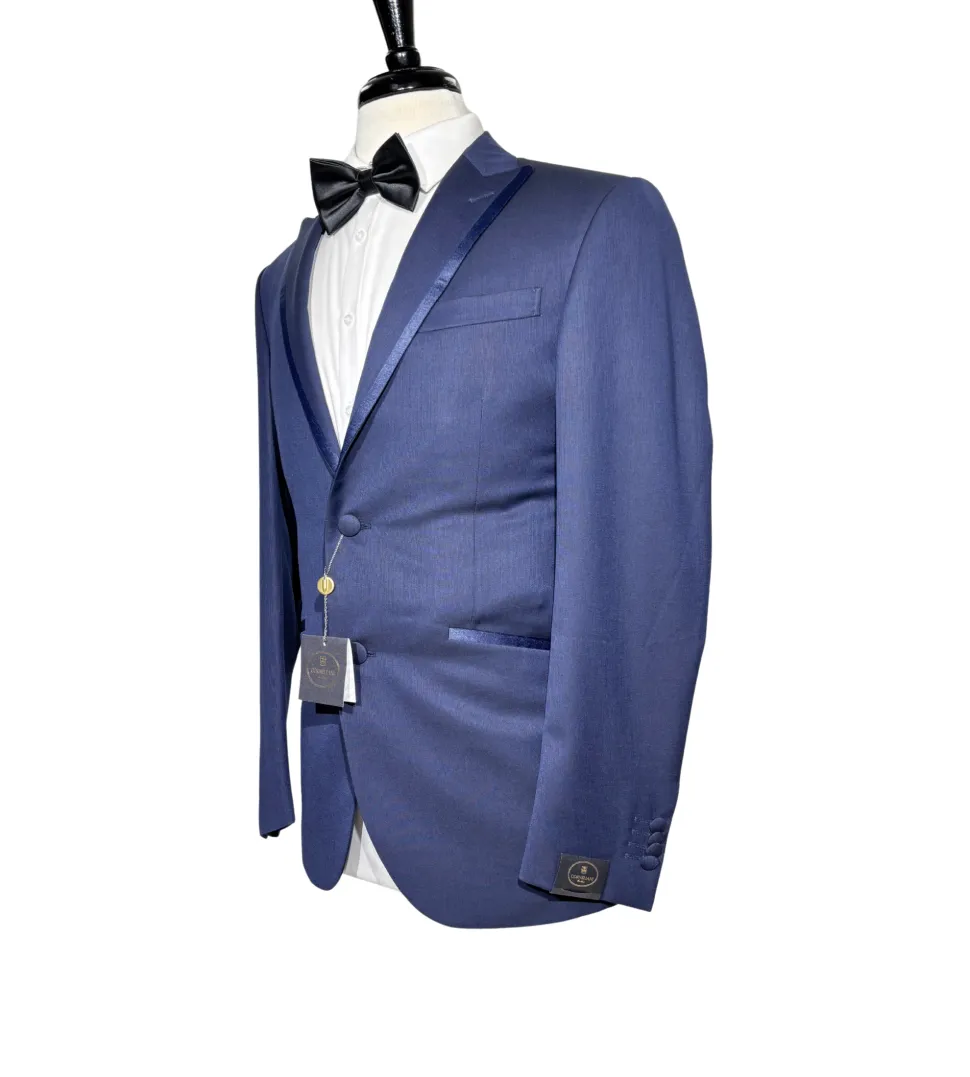 Corneliani Mens Solid Navy Fully-Canvassed Peak Lapel Slim Fit 3-Piece Wool Tuxedo Suit - 36R